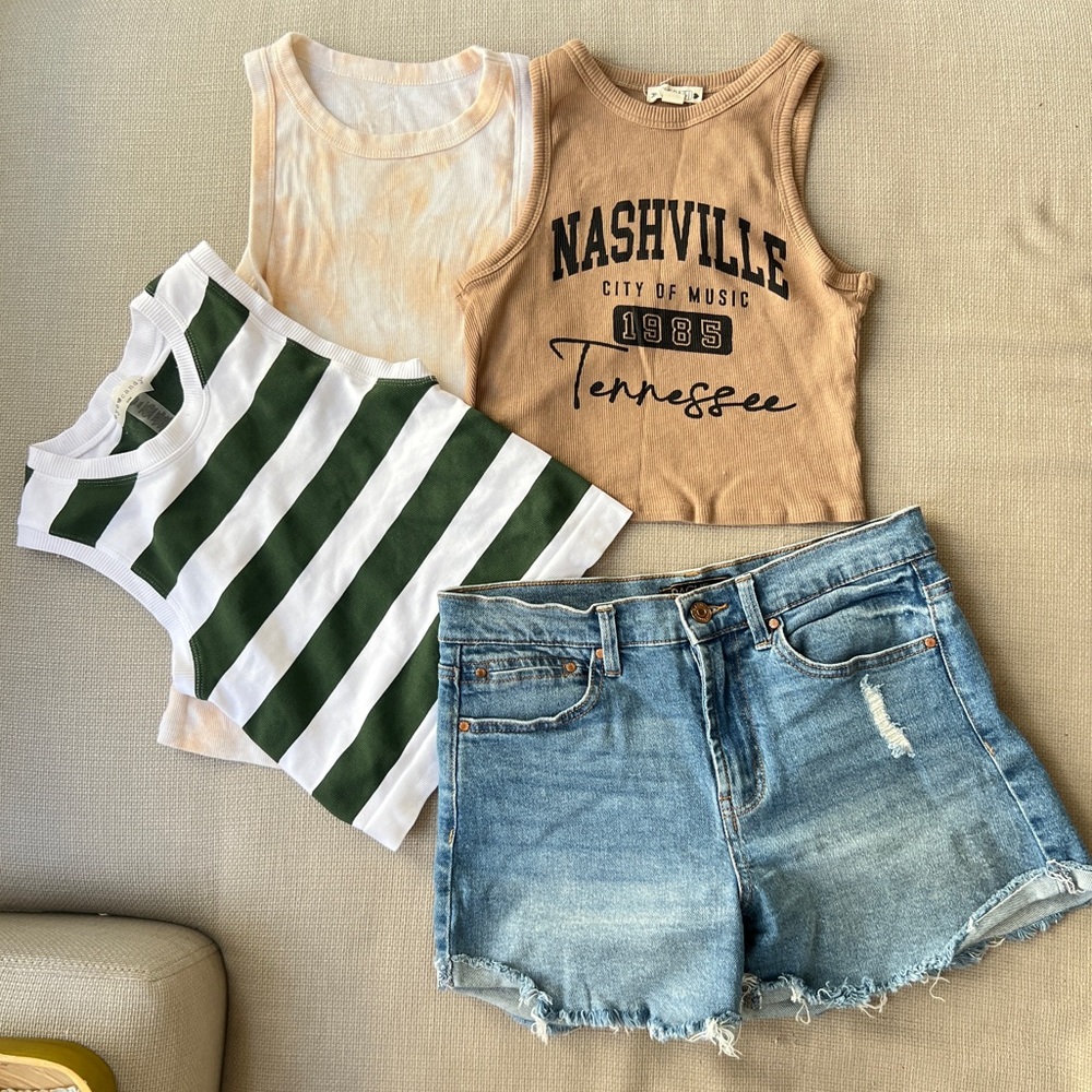 Nashville graphic crop top w/ denim shorts, striped green crop top + peach tank